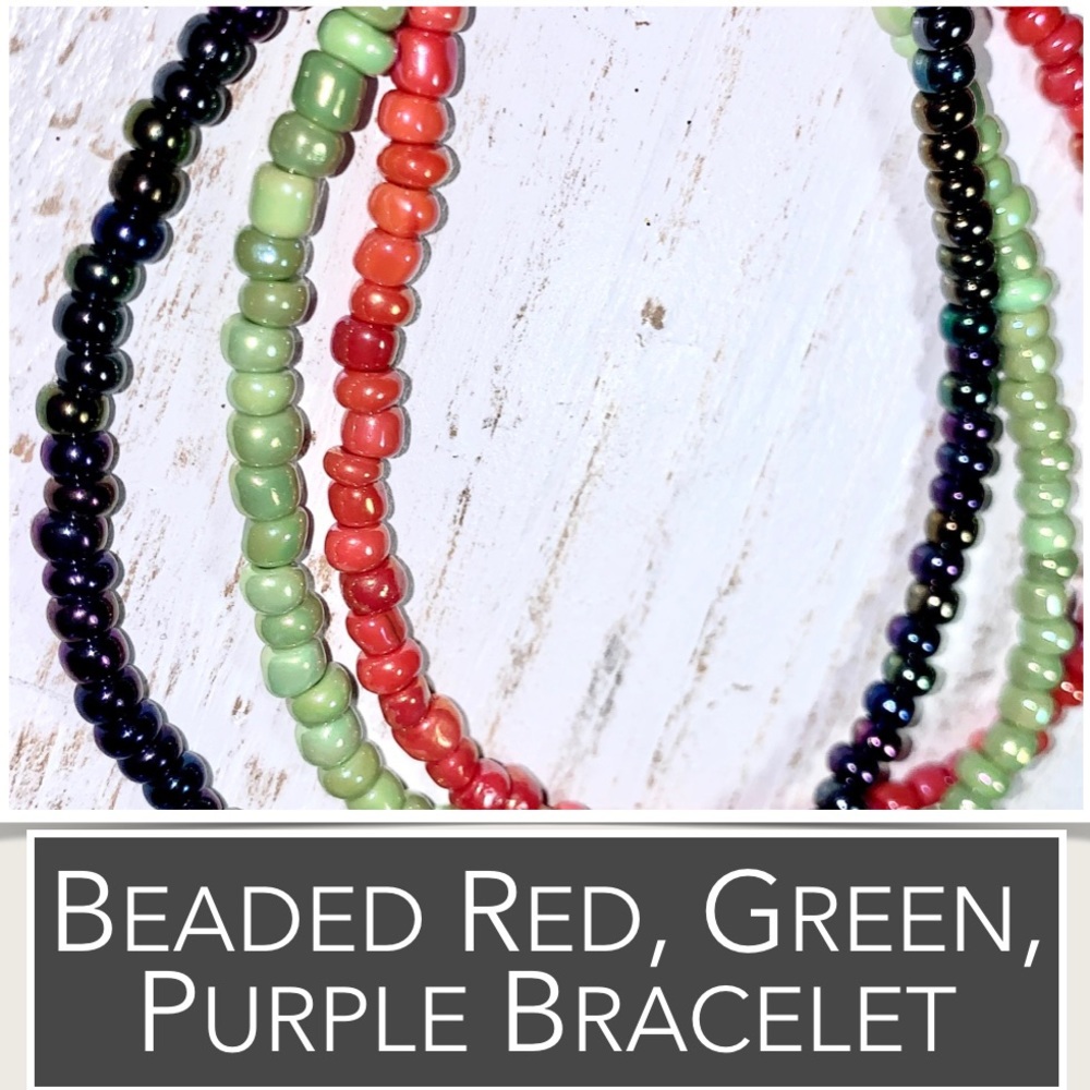Beaded Bracelet 3-Strands Red, Green, Purple Beads Delicate Details & Cube Charm